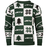 Jets de Nueva York para siempre coleccionables suéter feo con parches de punto verde oscuro y blanco - sporting up