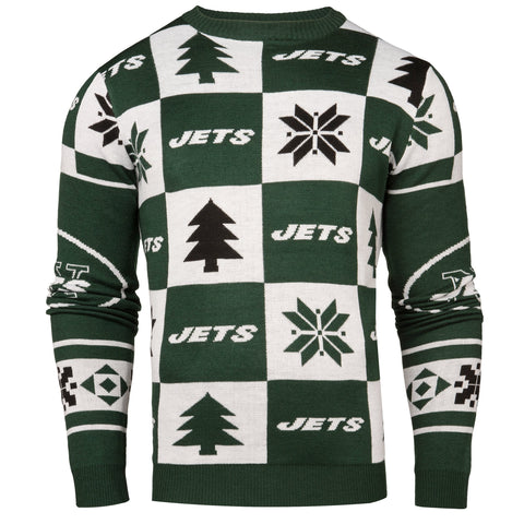 Kaufen Sie einen hässlichen Pullover mit dunkelgrünen und weißen Strickaufnähern von New York Jets Forever Collectibles – sportlich