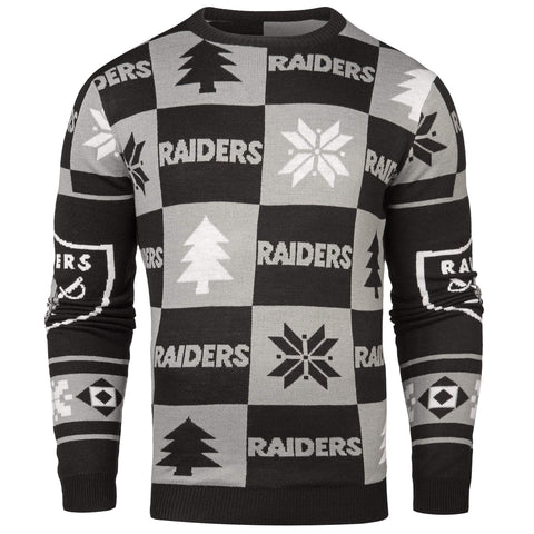 Shoppen Sie den hässlichen Pullover „Las Vegas Raiders NFL Forever Collectibles“ mit schwarzen und grauen Strickaufnähern – sportlich