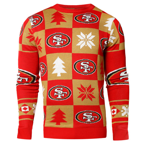 Kaufen Sie den hässlichen Pullover der San Francisco 49ers, NFL Forever, Sammlerstücke, rotgoldene Strickaufnäher – sportlich