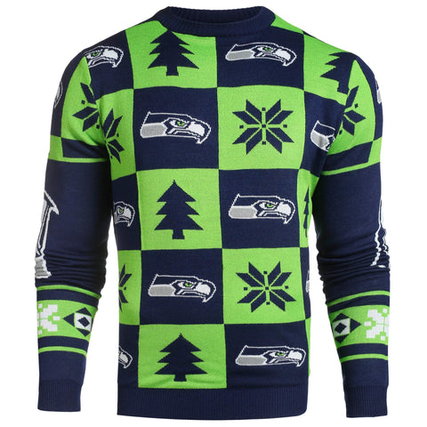 Compre un suéter feo con parches de punto azul marino y verde de los seattle seahawks nfl para siempre coleccionables - sporting up