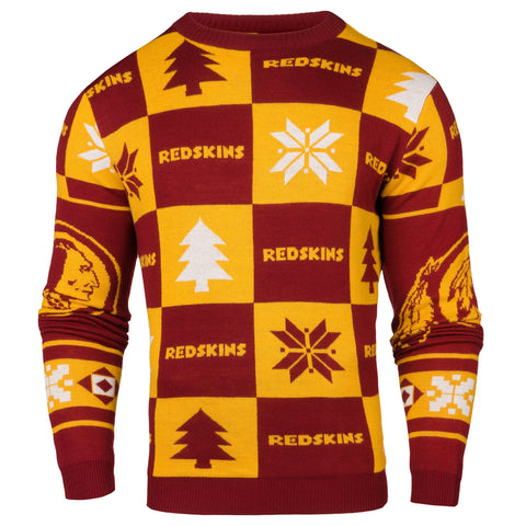 Achetez les Redskins de Washington pour toujours à collectionner, pull laid avec patchs en tricot doré bordeaux - Sporting Up