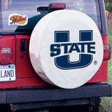 Housse de pneu de voiture de secours en vinyle blanc Aggies HBS de l'État de l'Utah - Sporting Up